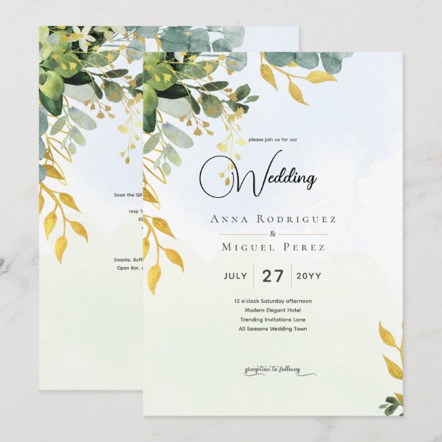 Invitación Eucalyptus Boda Verde de Oro Invitan a la Verdor (Anverso / Reverso)