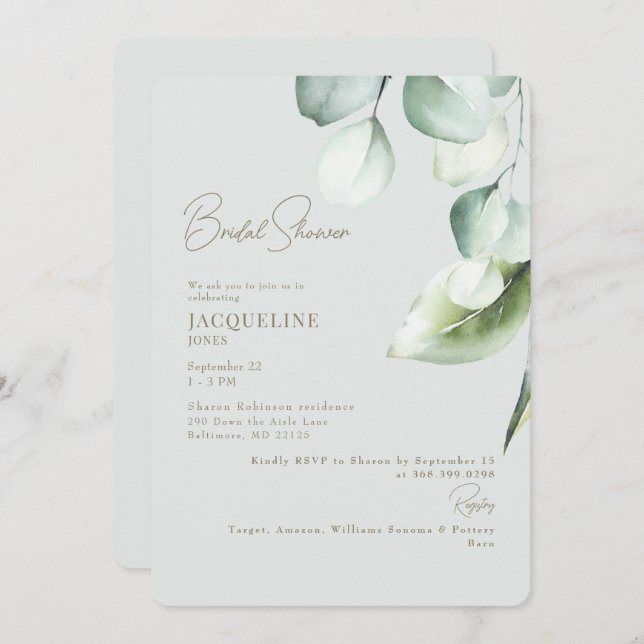Invitación Eucalyptus Botanage Sage Elegant Bridal Shower (Anverso / Reverso)