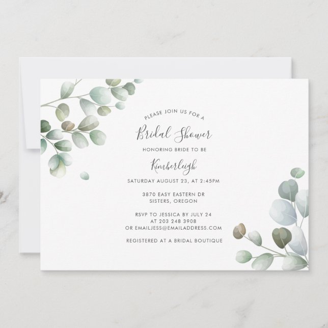 Invitación Eucalyptus Botanic Script Bridal Shower (Anverso)