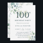 Invitación Eucalyptus Botanical 100th Birthday Party<br><div class="desc">Esta invitación a la fiesta de cumpleaños número 100 incluye eucalipto de color de agua pintado y hojas verdes con números botánicos verdes.</div>