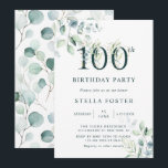 Invitación Eucalyptus Botanical 100th Birthday Party<br><div class="desc">Esta invitación a la fiesta de cumpleaños número 100 incluye eucalipto de color de agua pintado y hojas verdes con números botánicos verdes.</div>