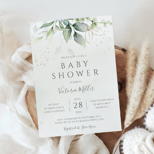 Invitación Eucalyptus Botanical Gold Modern Baby Shower