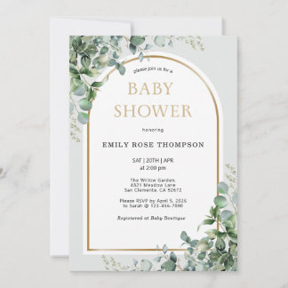 Invitación Eucalyptus Botanical Letter Gold Baby Shower 