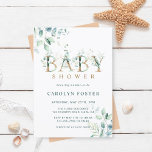 Invitación Eucalyptus Botanical Letter Gold Baby Shower<br><div class="desc">Esta invitación a la ducha para bebés incluye eucalipto de color agua pintado y hojas verdes con letras botánicas de oro. Para una personalización más avanzada de este diseño,  haga clic en el vínculo Personalizar adicional para cambiar el tipo de letra,  el tamaño y el color.</div>