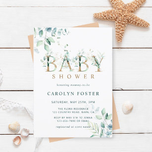 Invitación Eucalyptus Botanical Letter Gold Baby Shower