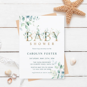 Invitación Eucalyptus Botanical Letter Gold Baby Shower