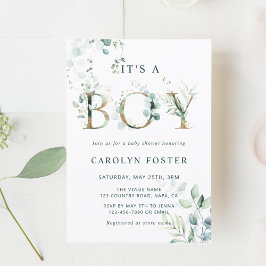 Invitación Eucalyptus Botanical Letter Gold Boy Baby Shower