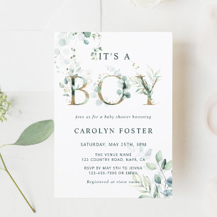 Invitación Eucalyptus Botanical Letter Gold Boy Baby Shower