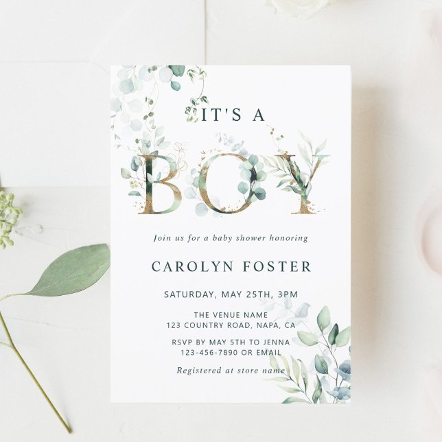 Invitación Eucalyptus Botanical Letter Gold Boy Baby Shower (Subido por el creador)