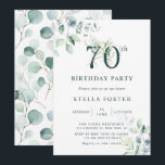 Invitación Eucalyptus Botanical Number 70th Birthday Party<br><div class="desc">Esta invitación a la fiesta de cumpleaños número 70 incluye eucalipto de color agua pintada y hojas verdes con números botánicos de verde y oro.</div>