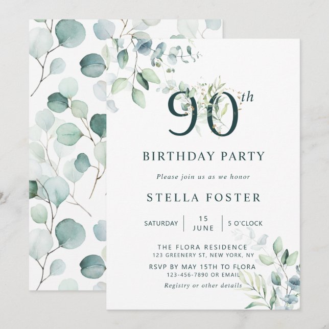 Invitación Eucalyptus Botanical Number 90th Birthday Party (Anverso / Reverso)