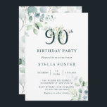 Invitación Eucalyptus Botanical Number 90th Birthday Party<br><div class="desc">Esta invitación a la fiesta de cumpleaños número 90 incluye eucalipto de color agua pintada y hojas verdes con números botánicos verdes.</div>
