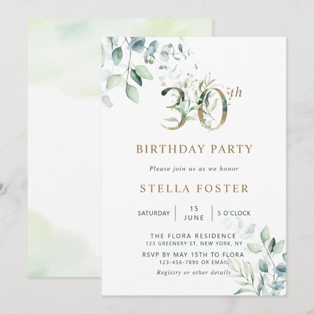 Invitación Eucalyptus Botánico 30 Fiesta de cumpleaños (Anverso / Reverso)