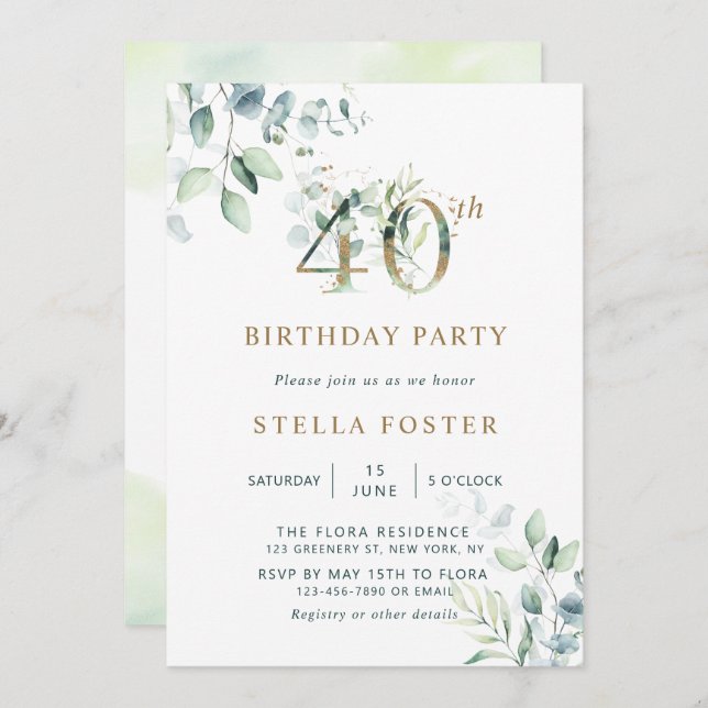 Invitación Eucalyptus Botánico 40 Fiesta de cumpleaños (Anverso / Reverso)