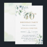 Invitación Eucalyptus Botánico 40 Fiesta de cumpleaños<br><div class="desc">Esta invitación a la fiesta de cumpleaños número 40 incluye eucalipto de color agua pintada y hojas verdes con números de oro botánico.</div>