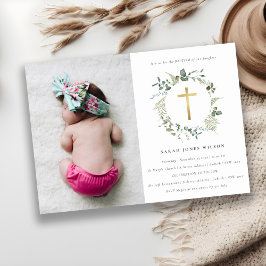 Invitación Eucalyptus Botánico Cruz Wreath Photo Baptism