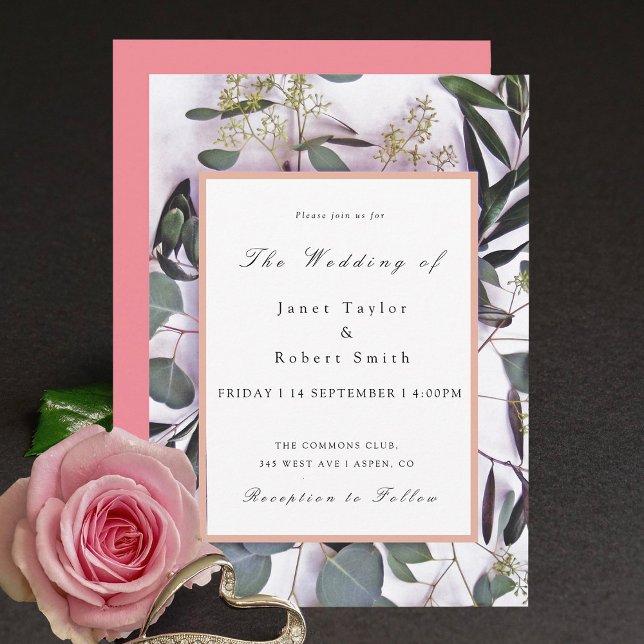 Invitación Eucalyptus Bouquet con Boda de la frontera rosa (Subido por el creador)