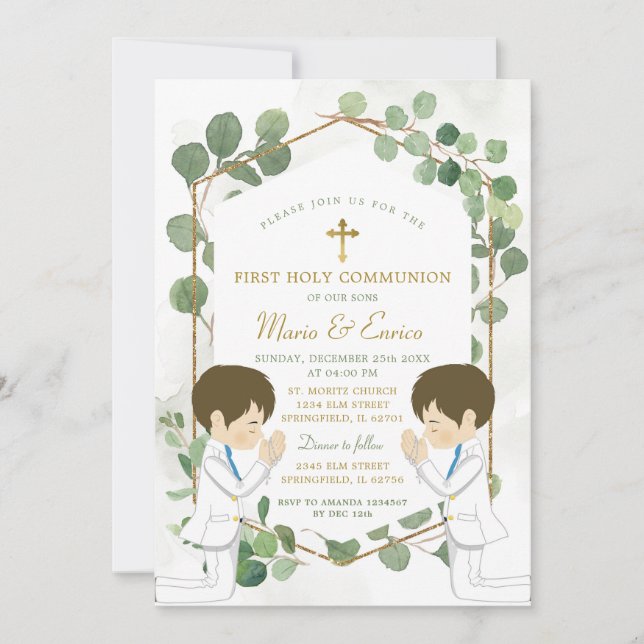Invitación Eucalyptus Boy Gemelos Verde Oro Santa Comunión (Anverso)