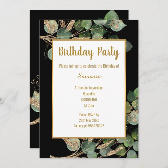 Invitación Eucalyptus Branch Green Gold Trim Cumpleaños (Anverso / Reverso)