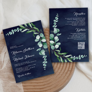 Invitación Eucalyptus Branch Navy Blue QR Code Wedding