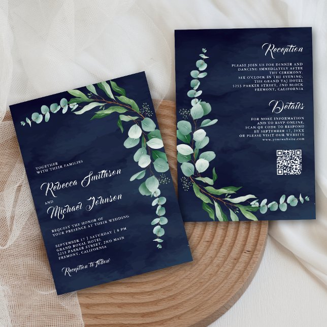 Invitación Eucalyptus Branch Navy Blue QR Code Wedding (Subido por el creador)
