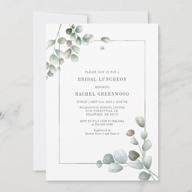 Invitación Eucalyptus Bridal Luncheon Watercolor Suculento (Anverso)