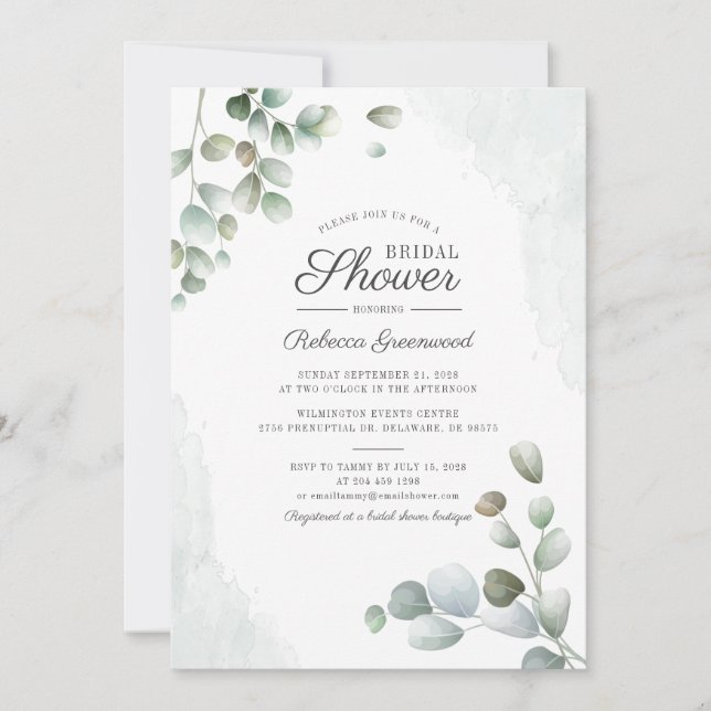 Invitación Eucalyptus Bridal Shower Watercolor Suculento (Anverso)