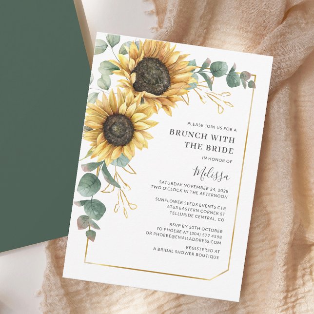 Invitación Eucalyptus brunch floral de girasol con novia (Brunch Sunflower Bridal Shower Invitation)