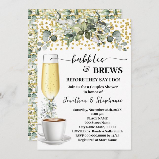 Invitación Eucalyptus Bubbles & Brews Coffee Bridal Shower (Anverso / Reverso)