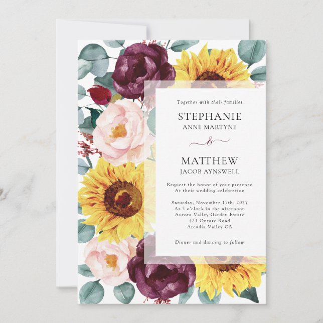 Invitación Eucalyptus Burgundy Rubor Boda Floral (Anverso)