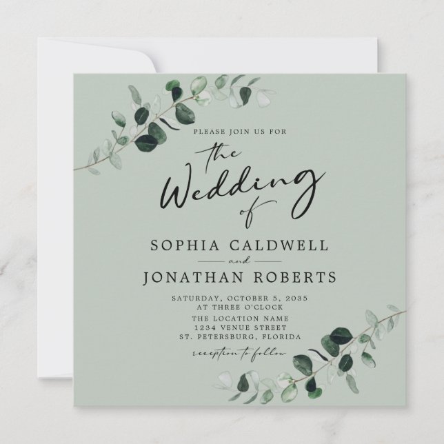 Invitación Eucalyptus Caligrafía moderna Boda de sabios de có (Anverso)