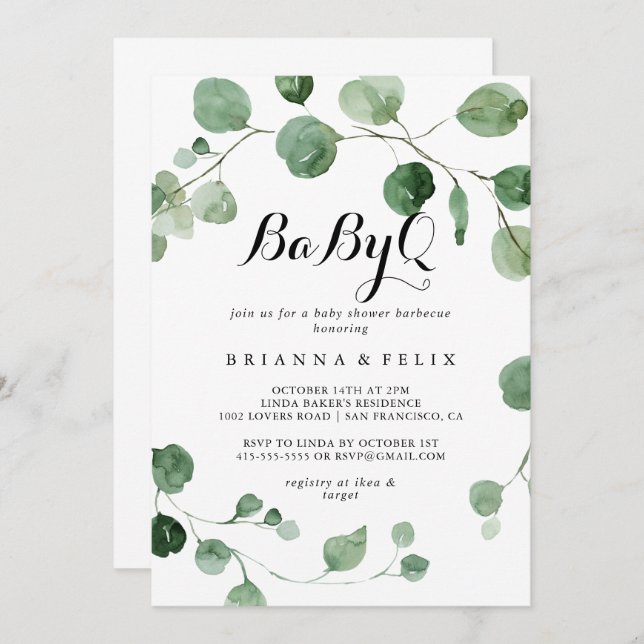 Invitación Eucalyptus Calligraphy BabyQ Baby Shower Barbecue (Anverso / Reverso)