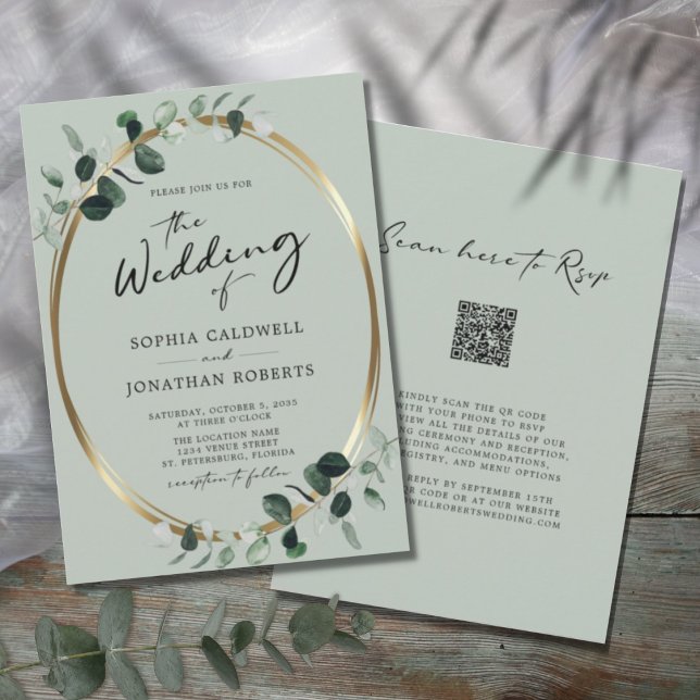 Invitación Eucalyptus Calligraphy QR Code RSVP Sage Boda (Subido por el creador)