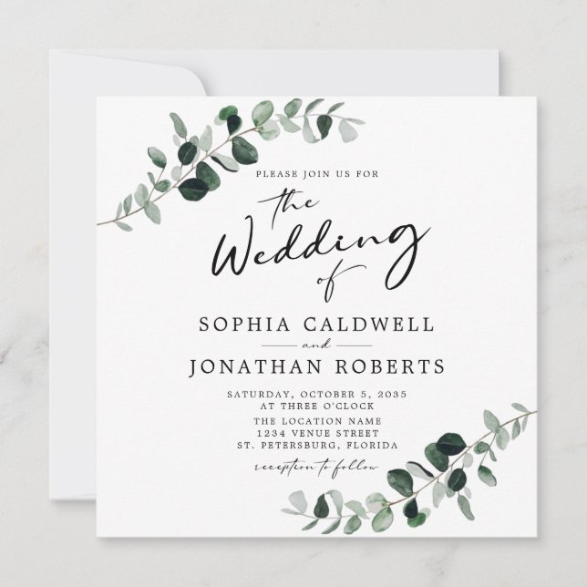 Invitación Eucalyptus Calligraphy QR Code Square Boda (Anverso)