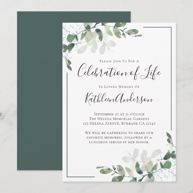 Invitación Eucalyptus Celebración de la Vida (Anverso / Reverso)