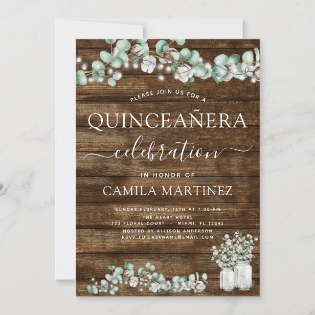 Invitación Eucalyptus Celebración de Quinceanera de Madera Rú (Anverso)