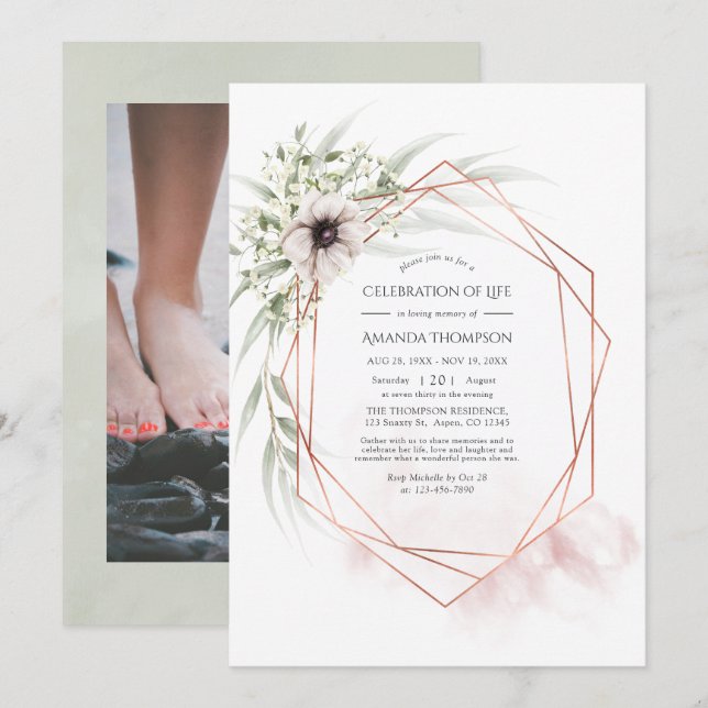 Invitación Eucalyptus Celebración Geométrica de la Vida (Anverso / Reverso)