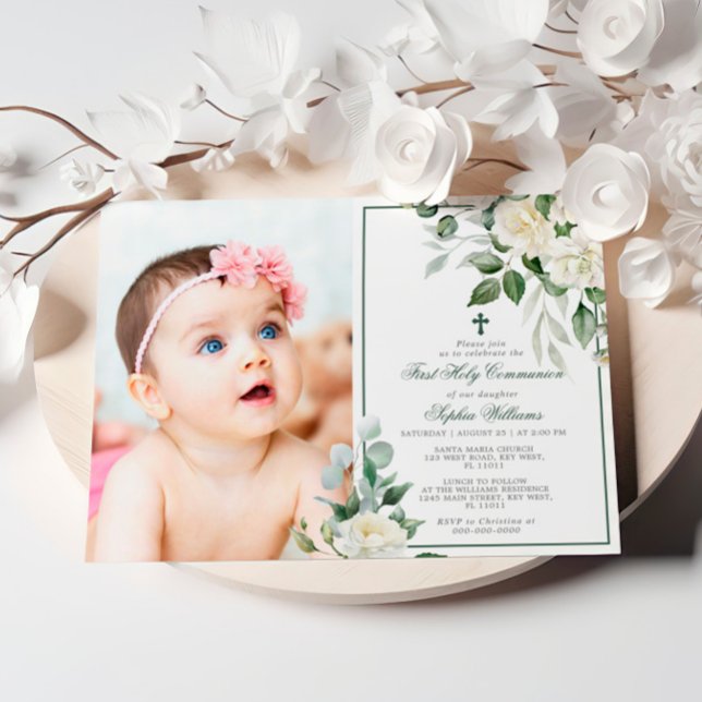 Invitación Eucalyptus Chica fotográfico blanco Primera comuni (Subido por el creador)