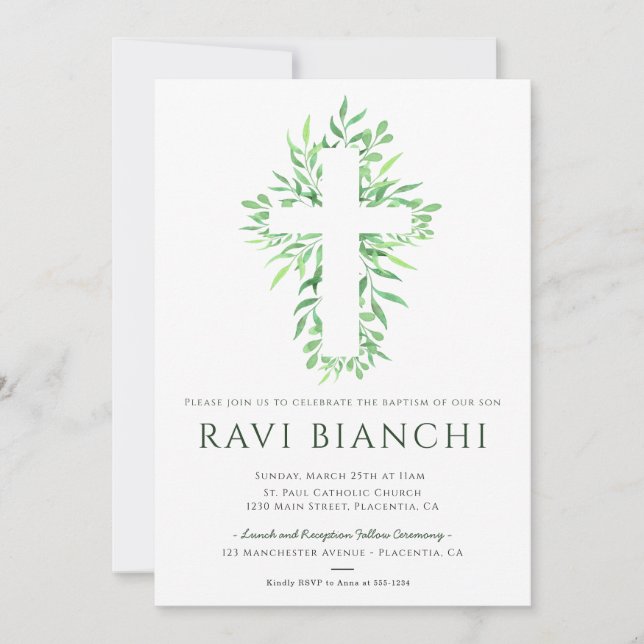 Invitación Eucalyptus Christening Green Baptism (Anverso)