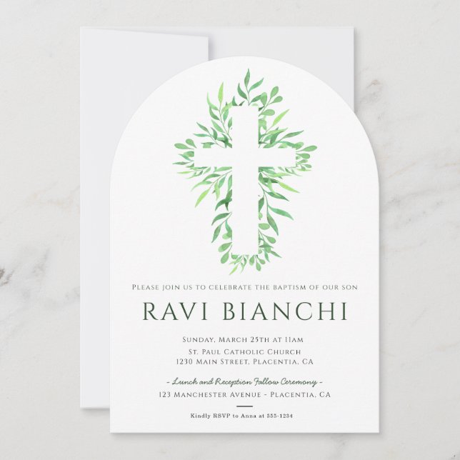 Invitación Eucalyptus Christening Green Baptism (Anverso)