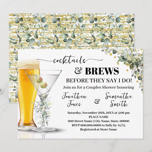 Invitación Eucalyptus Cocktails de Oro & Brews Ducha Parejas (Anverso / Reverso)