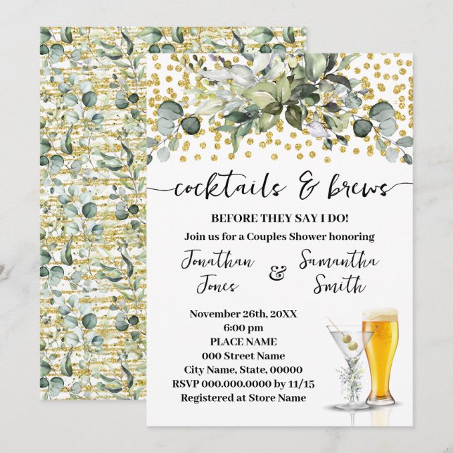 Invitación Eucalyptus Cocktails de Oro y Brews Parejas Ducha (Anverso / Reverso)