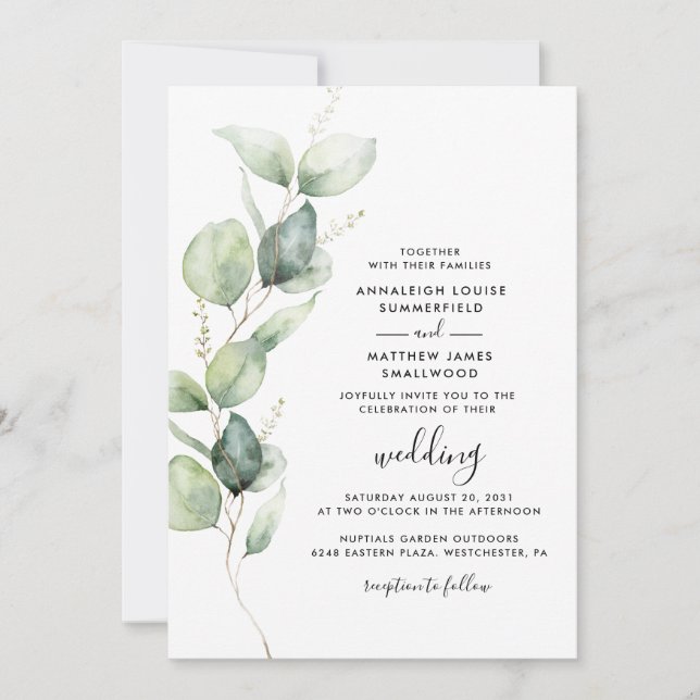 Invitación Eucalyptus Código QR botánico Boda mínimo (Anverso)