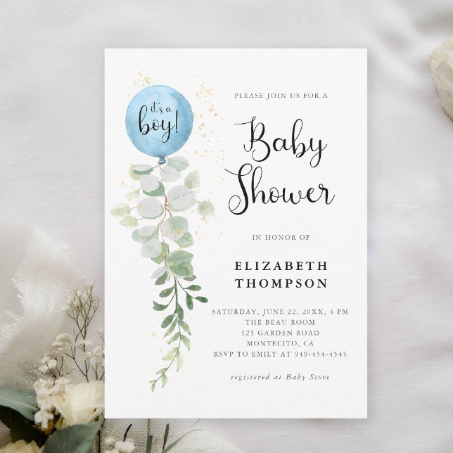 Invitación Eucalyptus con globo azul Es un niño Baby Shower (boy baby shower invitation blue balloon eucalyptus greenery watercolor modern calligraphy botanical)