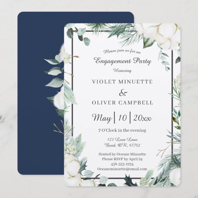 Invitación Eucalyptus Cotton | Fiesta de compromiso de Felt E (Anverso / Reverso)