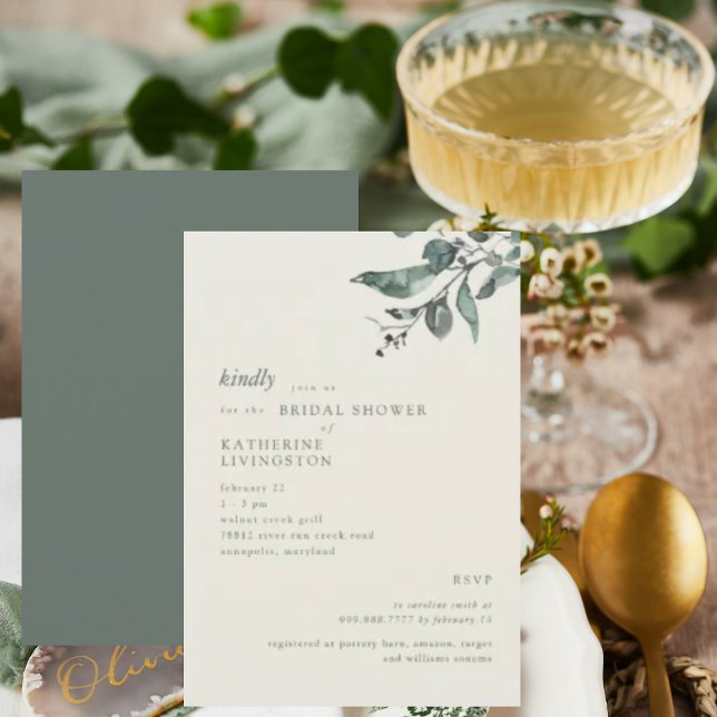 Invitación Eucalyptus Cream & Dark Green Modern Bridal Shower (Subido por el creador)