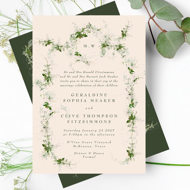 Invitación Eucalyptus Cream Wreath | Boda de monograma verde (Subido por el creador)