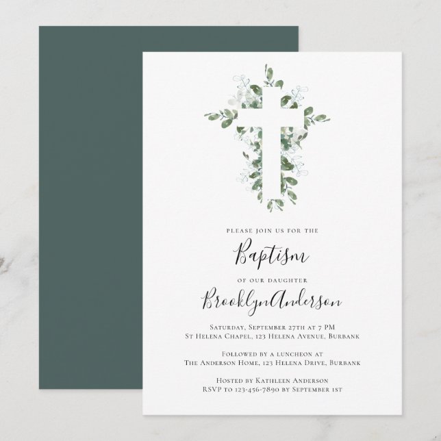 Invitación Eucalyptus Cross Baptism (Anverso / Reverso)