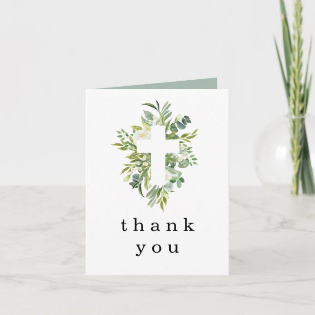 Invitación Eucalyptus Cross Baptism Christening Gracias (Anverso)