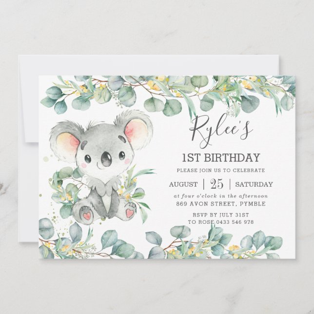 Invitación Eucalyptus Cute Koala (Anverso)
